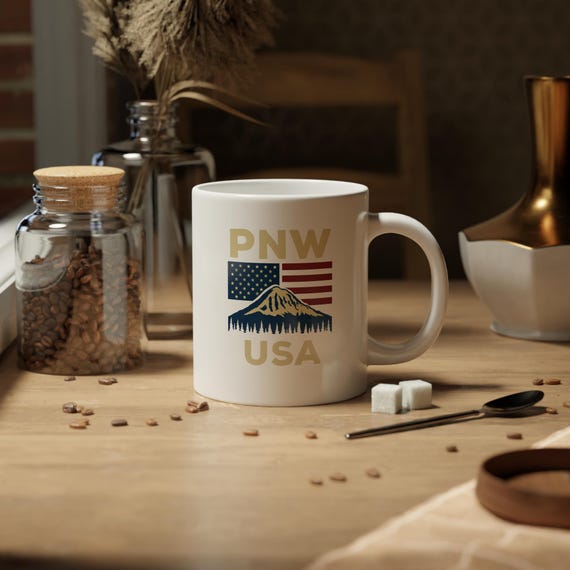 PNW Patriotic Jumbo Mug: Seattle Coffee Cup, USA Flag Decor