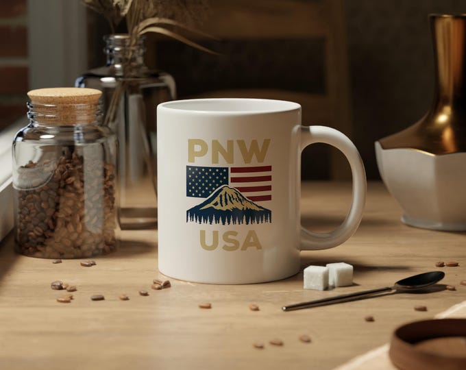 PNW Patriotic Jumbo Mug: Seattle Coffee Cup, USA Flag Decor