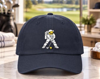 Astronaut Golfer Space Golf Embroidered Cap | Gold Visor Dad Cap