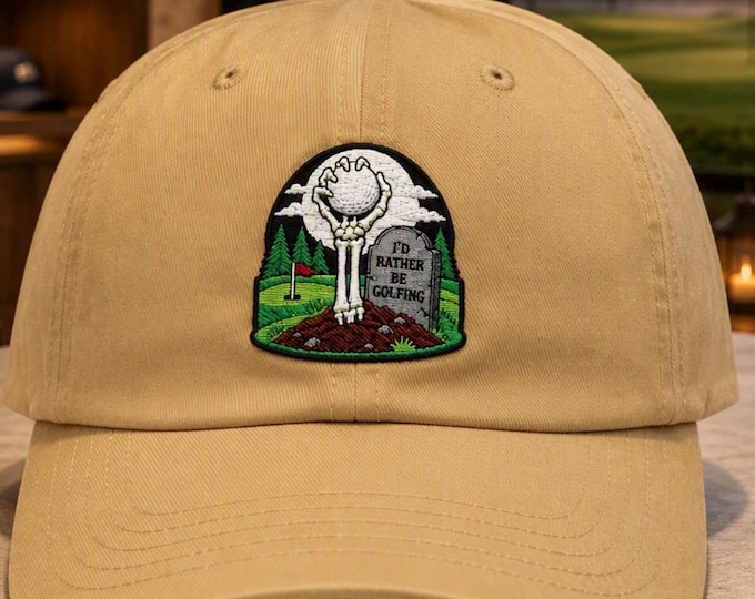 Skeleton Hand Golf Cap, Spooky Golf Humor, Embroidered Moon Design