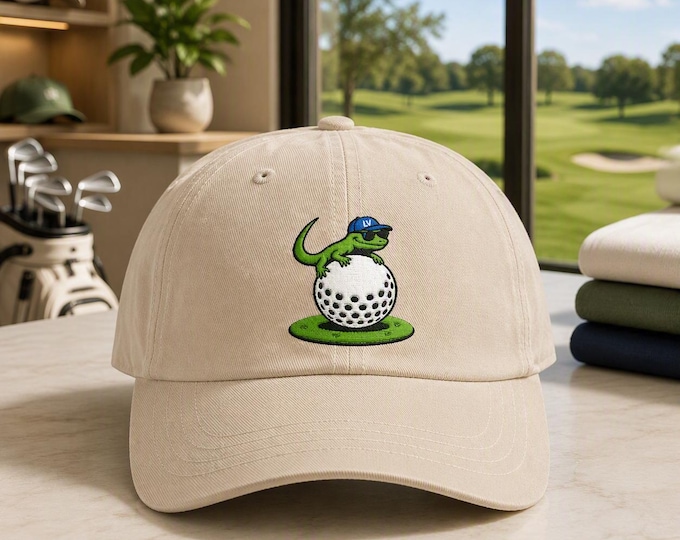 Lizard on Golf Ball Dad Cap | Golf Hat with Shades, Funny Golfer Design