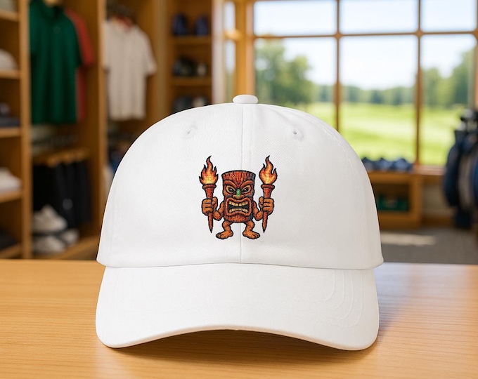 Tiki Man Golf Hat | Flaming Torches Dad Cap, Tropical Casual Wear