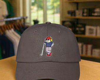 Happy Golfer Leaning on Club Cap | Golf Hat Logo, Casual Golf Apparel