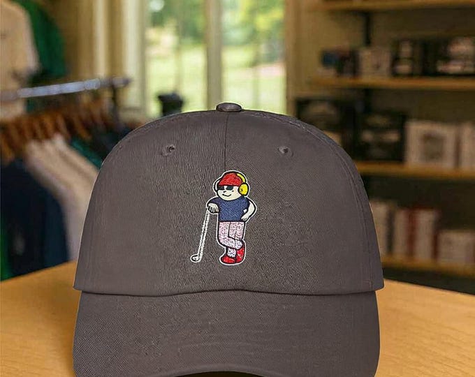Happy Golfer Leaning on Club Cap | Golf Hat Logo, Casual Golf Apparel