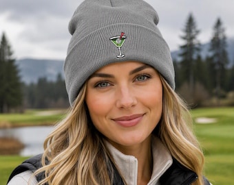 Martini golf beanie, embroidered martini tee golf ball design, funny golf gift, winter golf beanie, golfer accessory