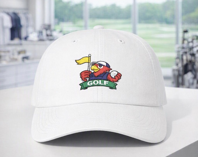 Embroidered Macaw Golf Cap, Parrot Mascot Golf Hat, LummiVibez Design