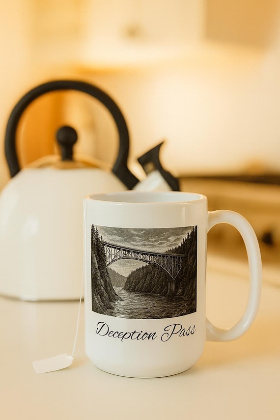 Deception Pass Bridge Illustration Mug, 15oz Ceramic | Washington State Landmark