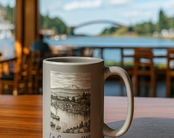 La Conner Washington Town Illustration Mug, 15oz Ceramic | Boating Fishing Scene