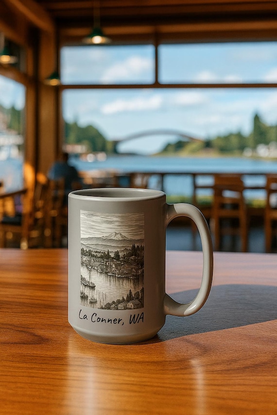 La Conner Washington Town Illustration Mug, 15oz Ceramic | Boating Fishing Scene