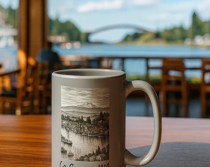 La Conner Washington Town Illustration Mug, 15oz Ceramic | Boating Fishing Scene