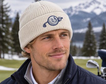 Premium Embroidered Golf Ball Mascot Beanie, Golfer Holding Club Hat, Winter Accessory