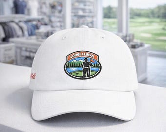 Lodge & Links Retro Golf Hat, Embroidered PNW Mountain Patch, Outdoor Cap