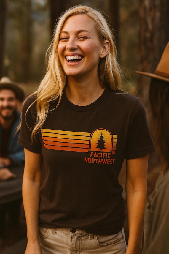 Pacific Northwest Sunset Evergreen Trees T-Shirt | Vintage Stripes, Outdoor