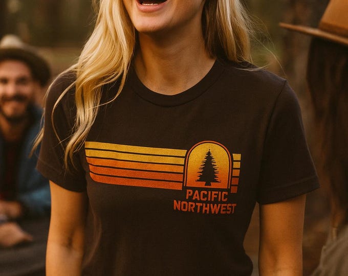 Pacific Northwest Sunset Evergreen Trees T-Shirt | Vintage Stripes, Outdoor