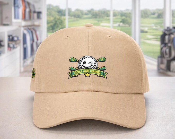 Golf & Grind Embroidered Golf Hat, Premium Dad Cap for Golfers, Khaki Spruce Navy Stone Black Gray White Light Blue, Golf Gift