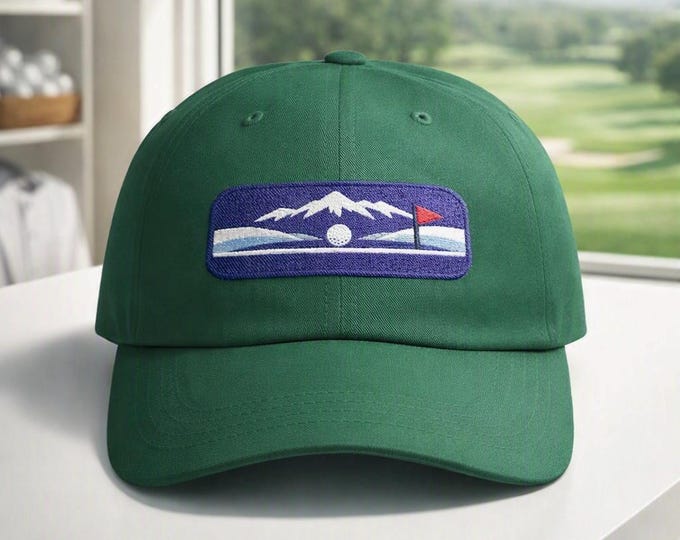 PNW Mountain Golf Hat, Embroidered Patch, Navy Cotton Cap