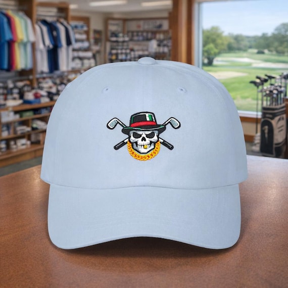 Gangsta Golf Ball Skull and Crossbones Classic Dad Cap | Gold Tooth & Chain