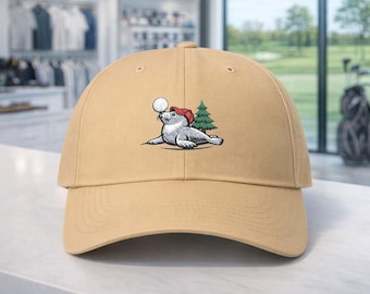 PNW Seal Golfer Hat Classic Dad Cap | Embroidered Golf Ball & Evergreen, Khaki Navy Black