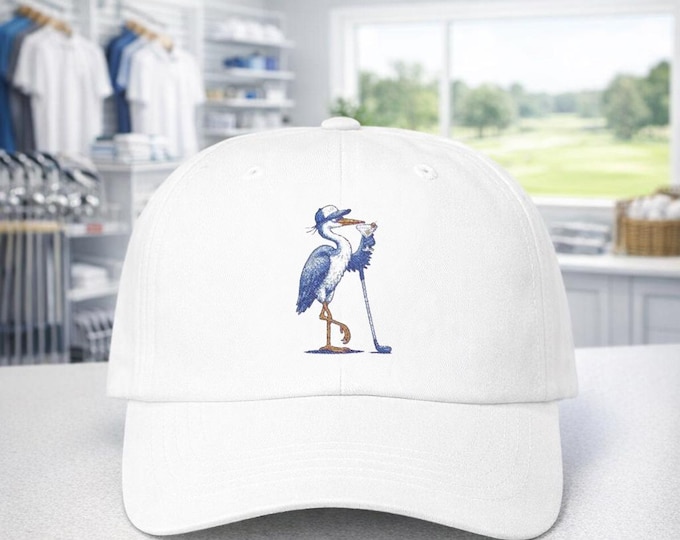 Martini Blue Heron Embroidered Dad Cap | Golf Bird Hat, Coastal Golfer Design