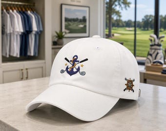 Nautical Golf Hat, Anchor Crossed Clubs, Ship Wheel Embroidery, Coastal Resort Style