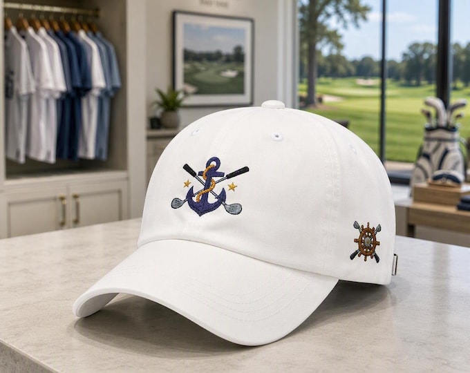Nautical Golf Hat, Anchor Crossed Clubs, Ship Wheel Embroidery, Coastal Resort Style