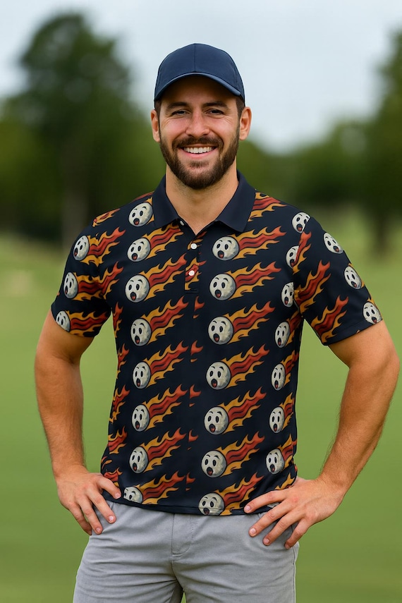 Flaming Golf Ball Polo | All-Over Print Golf Shirt