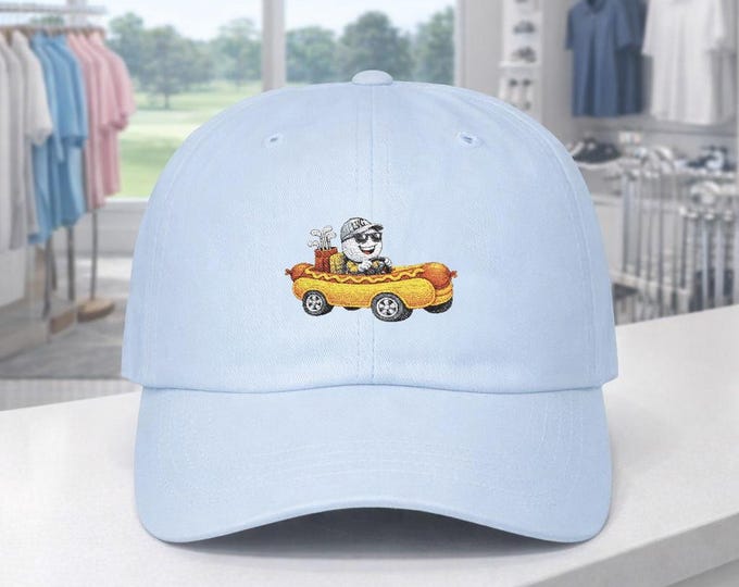 Golfer Driving Hot Dog Car Cap | Funny Golf Hat, Novelty Sports Baseball Cap