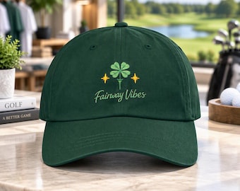 Fairway Vibes Clover Golf Hat, Spruce Green Embroidered Cap, Lucky Golf Gift