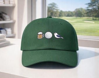 Beer mug golf ball birdie embroidered hat, funny golf gift, modern golf cap, golf dad hat, unique golf embroidery