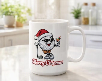 Merry Chipmas Golf Mug, Santa Golf Ball Design, Holiday Coffee Cup (15oz)