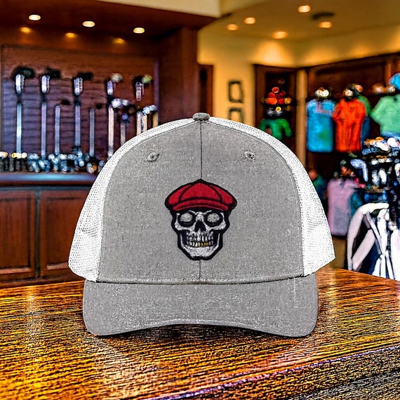 Skull Golfer Red Cap Snapback Trucker Cap | Embroidered Skull Golf