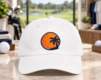 Embroidered Golf Ball Sunset Palm Tree Dad Hat, Coastal Golf Style, 100% Cotton
