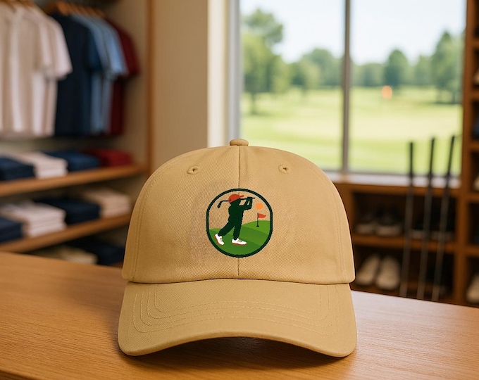 Golfer Embroidered Swing Cap | White Dad Hat with Back Text