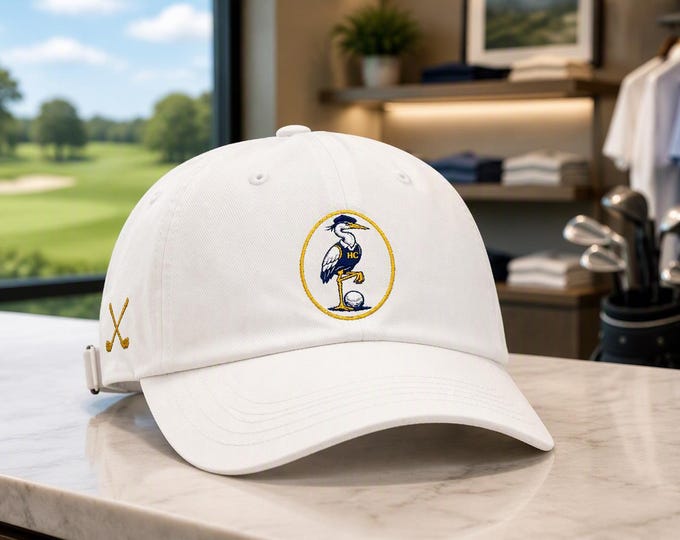 Embroidered Heron Golf Hat, Coastal Style, Navy Gold White (100% Cotton)
