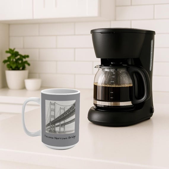 Tacoma Narrows Bridge Sketch Mug, Tacoma Landmark 15oz Coffee Cup | Pacific Northwest Travel