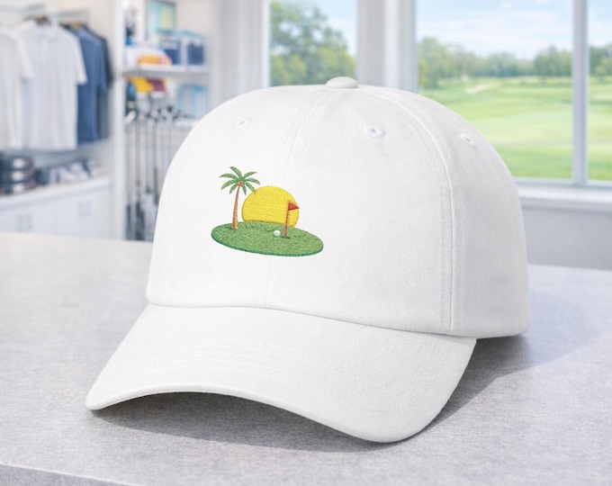 Golfers Dream Finishing Hole Cap | Palm Tree Sunset Golf Green