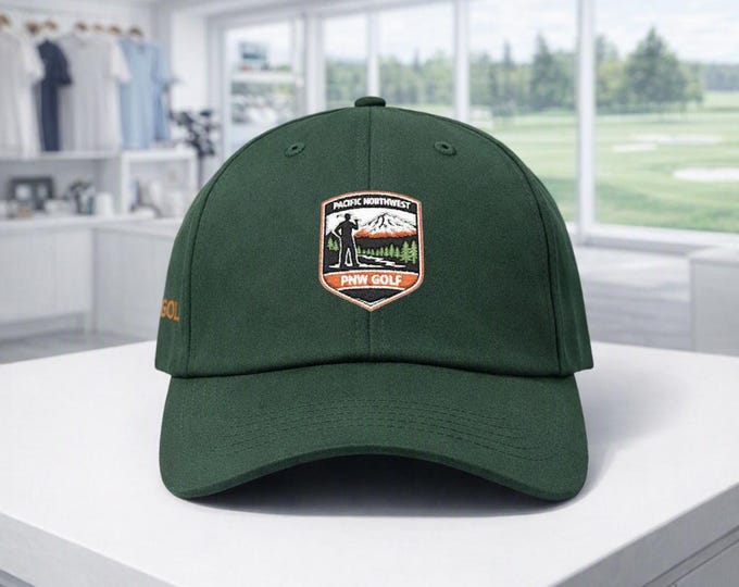 Premium PNW Golf Hat, Pacific Northwest Mountain Golfer Embroidery, Yupoong 6245CM Dad Hat, Forest Green Trees Patch