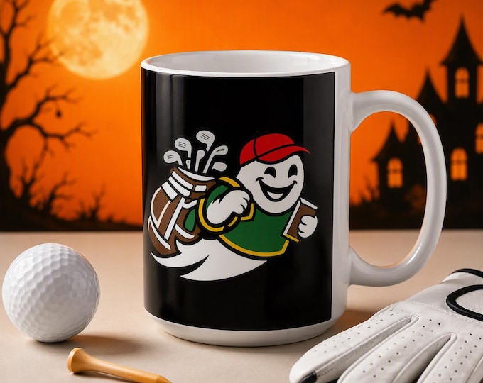 Ghost Caddie Golf Mug, 15oz Halloween Coffee Cup, Funny Golfer Gift
