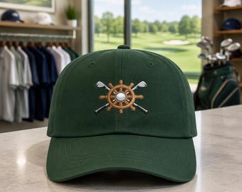Nautical golf wheel hat, light brown wood embroidery, classic crossed club emblem for everyday golfers
