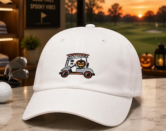 Embroidered Golf Cart Pumpkin Hat, Halloween Golf Cap, Spooky Jack O Lantern Design