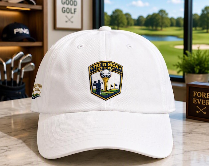 Tee it high let it fly golf hat, embroidered golfer hat, premium golf apparel, PNW golf style, adjustable dad hat, gift for golfers