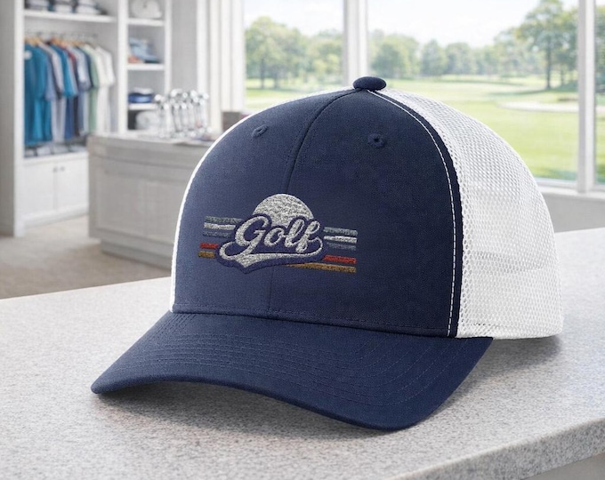 Vintage Golf Logo Snapback Trucker Cap, Embroidered Mesh Back
