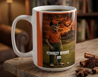 Skeleton Golfer Mug, Finally Broke 80, Halloween Golf Joke (15oz)
