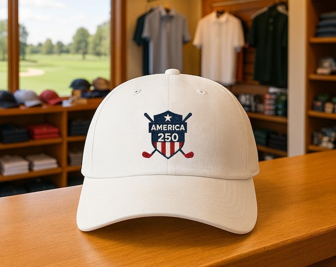 American Shield with Crossed Golf Clubs Classic Dad Cap | USA 250 Celebration