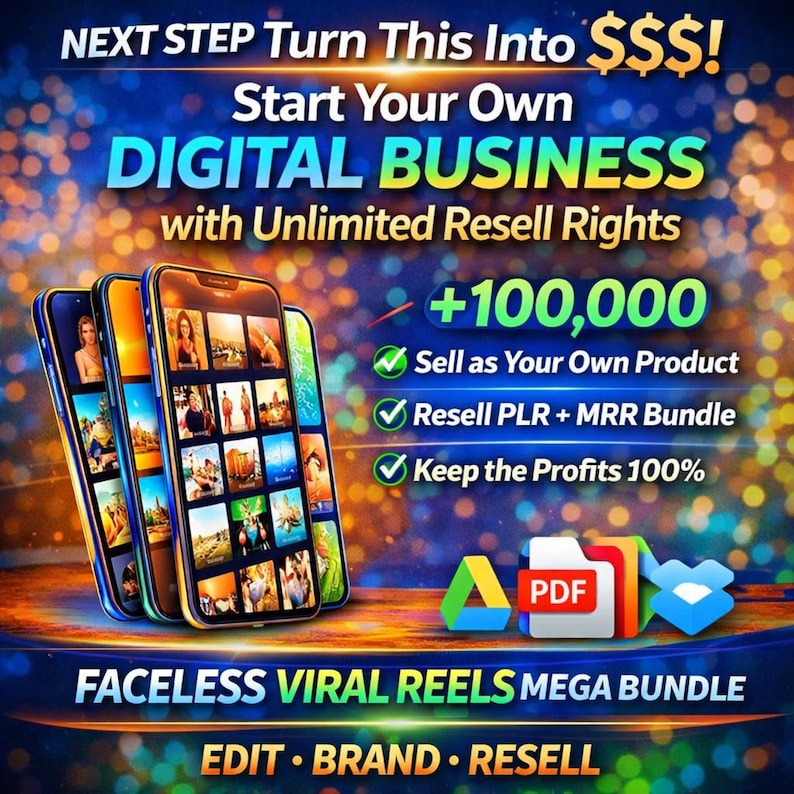 May include: An advertisement promoting a digital business opportunity. The image features three smartphones displaying various images, with text overlayed that reads "NEXT STEP Turn This Into $$$! Start Your Own DIGITAL BUSINESS." Additional text includes "+100,000" and "Sell as Your Own Product."