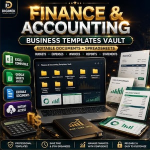 May include: A digital finance and accounting business template vault featuring a laptop displaying folders and charts, a calculator, a notebook with the text PLAN-TRACK-GROW, a smartphone with a balance sheet, and printed invoice and cash flow documents.