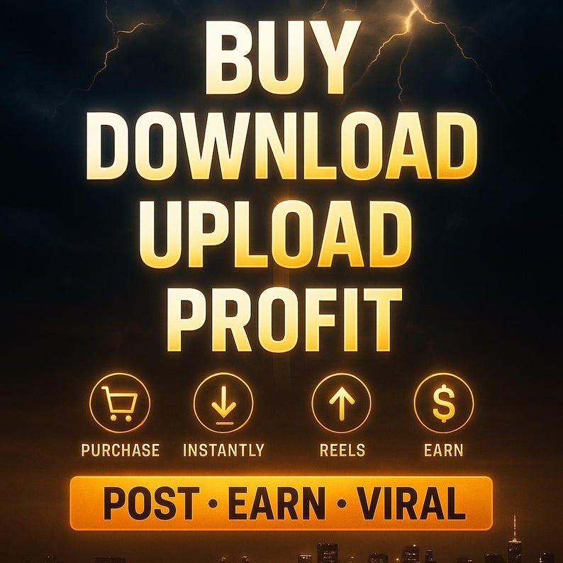 Puede incluir: Gr&aacute;fico de marketing digital con las palabras "BUY DOWNLOAD UPLOAD PROFIT" en letras doradas sobre un fondo oscuro con rayos. Debajo, iconos con las palabras "PURCHASE", "INSTANTLY", "REELS" y "EARN". Las palabras "POST &bull; EARN &bull; VIRAL" est&aacute;n en la parte inferior.