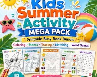 Kids Summer Activity Mega Pack, Printable Busy Book, Worksheets, Coloring, Mazes, Tracing