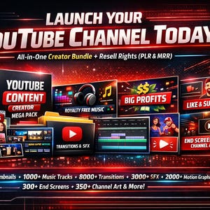 Puede incluir: Un gráfico promocional en rojo y negro que anuncia un paquete para creadores de YouTube. La imagen incluye el texto "¡LANZA TU CANAL DE YOUTUBE HOY!" y presenta varias maquetas de productos digitales, incluyendo miniaturas, pistas de música y transiciones.
