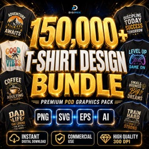 15万点以上のTシャツデザインバンドル、PODグラフィックメガパック、互換ファイル、商用利用可能なシャツデザイン